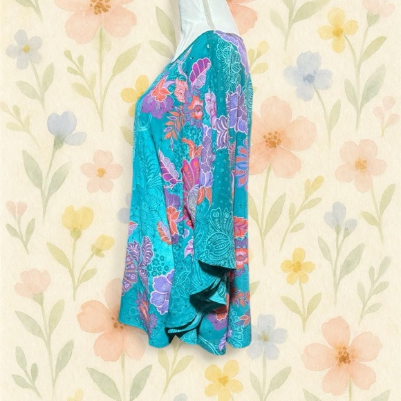 Bob Mackie Wearable Art XL Teal Floral Rhinestone Tunic Blouse Boho Top - Picture 4 of 5